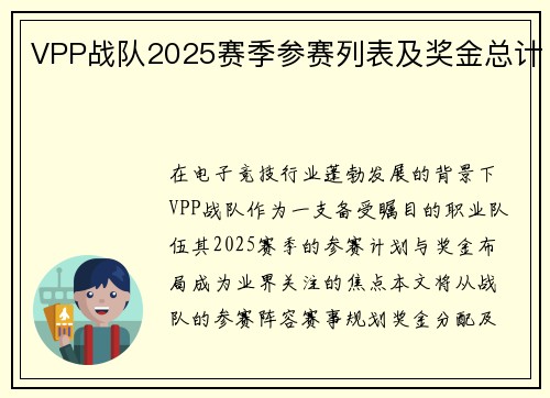 VPP战队2025赛季参赛列表及奖金总计