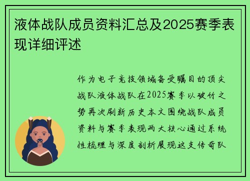 液体战队成员资料汇总及2025赛季表现详细评述